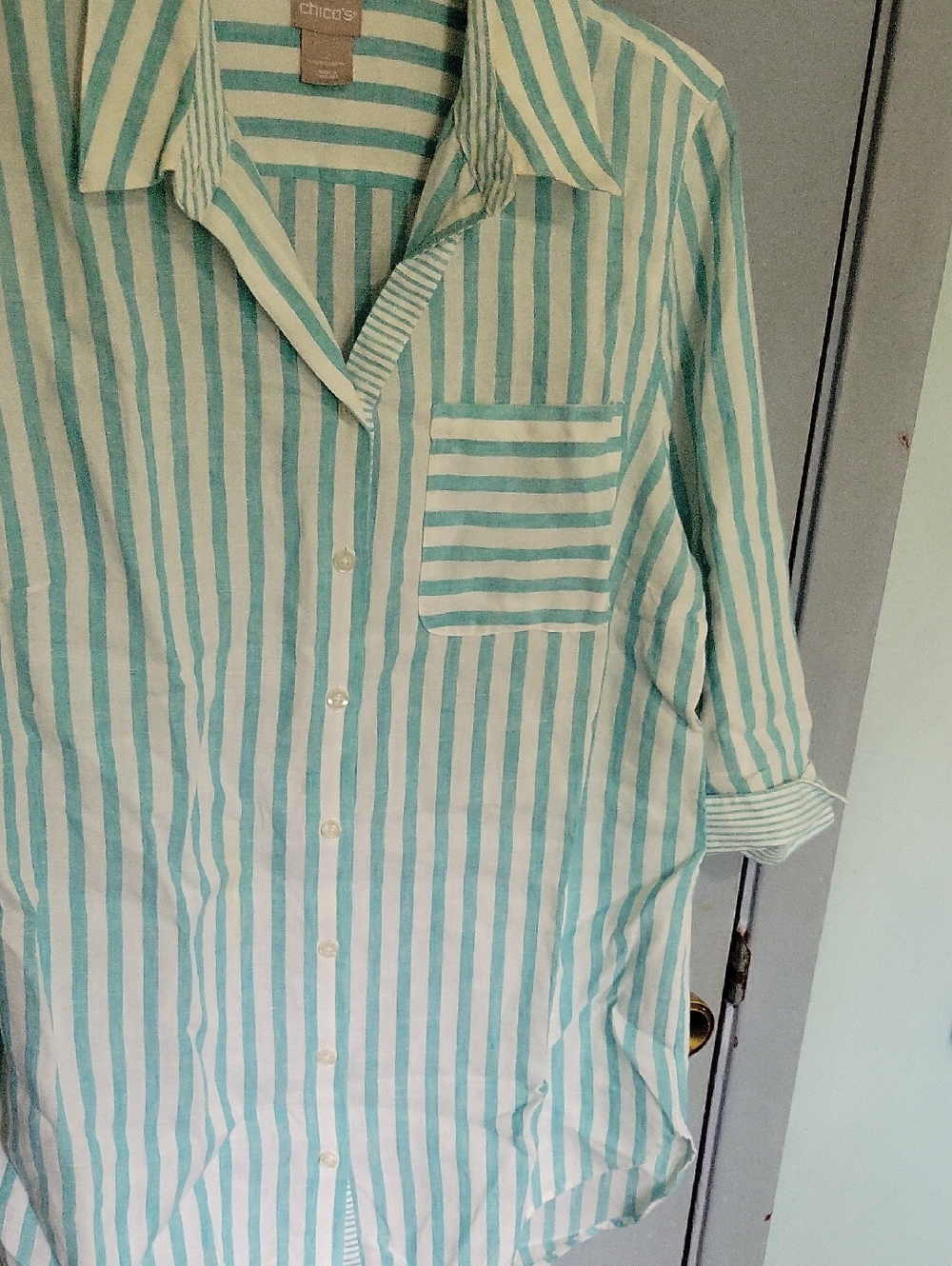 Chico's Sz Large Mint & White Striped Button-Down Linen Shirt